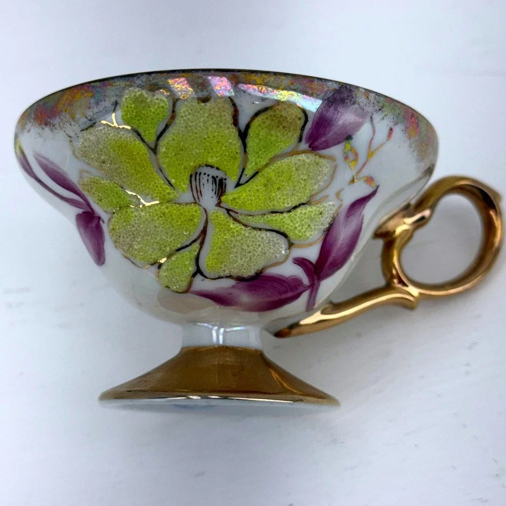 Vintage Japan Sterling‎ China Iridescent Floral Textured Pansy Teacup & Saucer